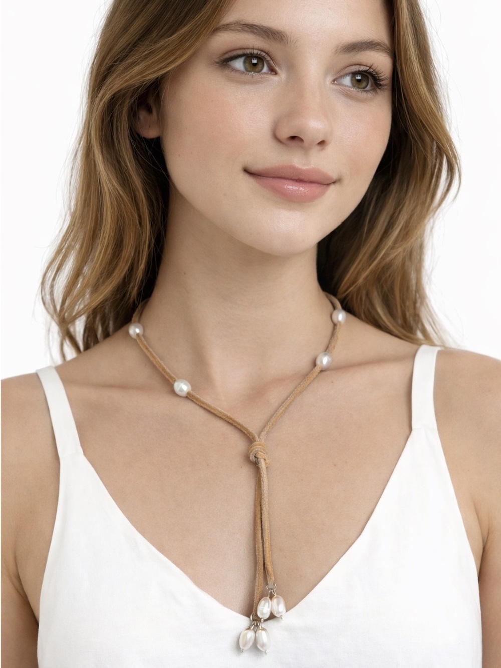 Sundance Tan Suede Lariat Necklace with White Pearl Tassel Drops NEW